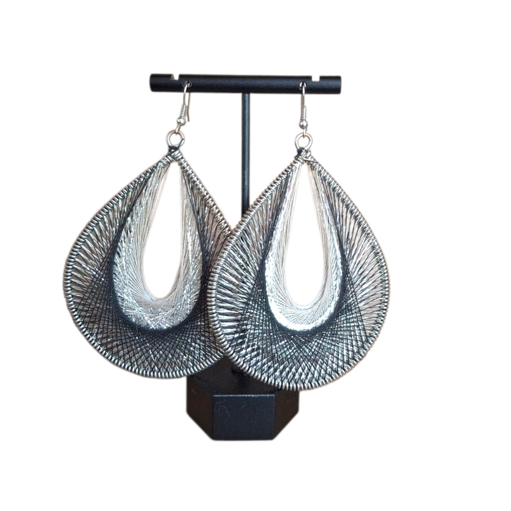 VINTAGE 1970s Metallic Silver, Grey and Black Thread Large Teardrop Earrings